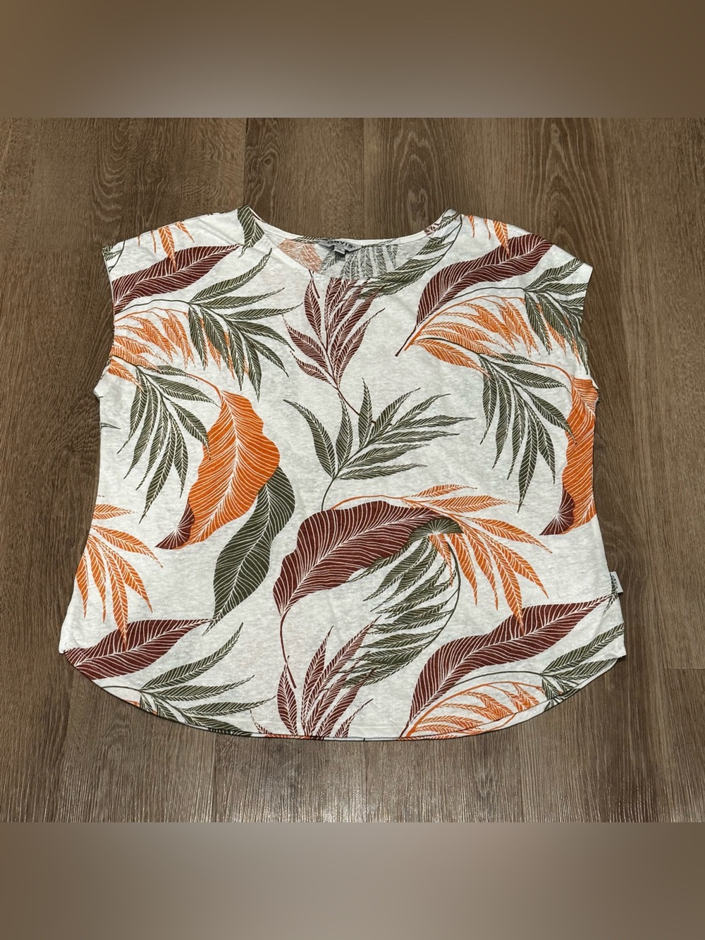 Orvis Cream Short Sleeve Top with Orange & Olive Leaf Print